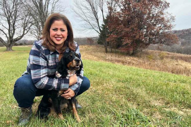 Elena Kalogeropoulos, chief executive officer at Chasing Our Tails, with her dog, Zoë. 