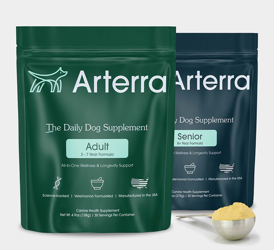 Arterra's formula for senior dogs provides immediate relief and lasting support, while its adult formula focuses more on long-term, preventive health support.