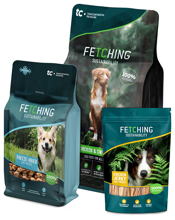 TC Transcontinental Packaging’s pet food bags feature a “100% recyclable” label