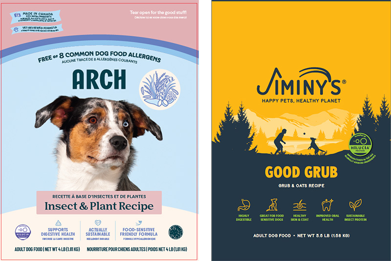 Arch Pet Food and Jiminy's packaging with Innovafeed's Hilucia logo