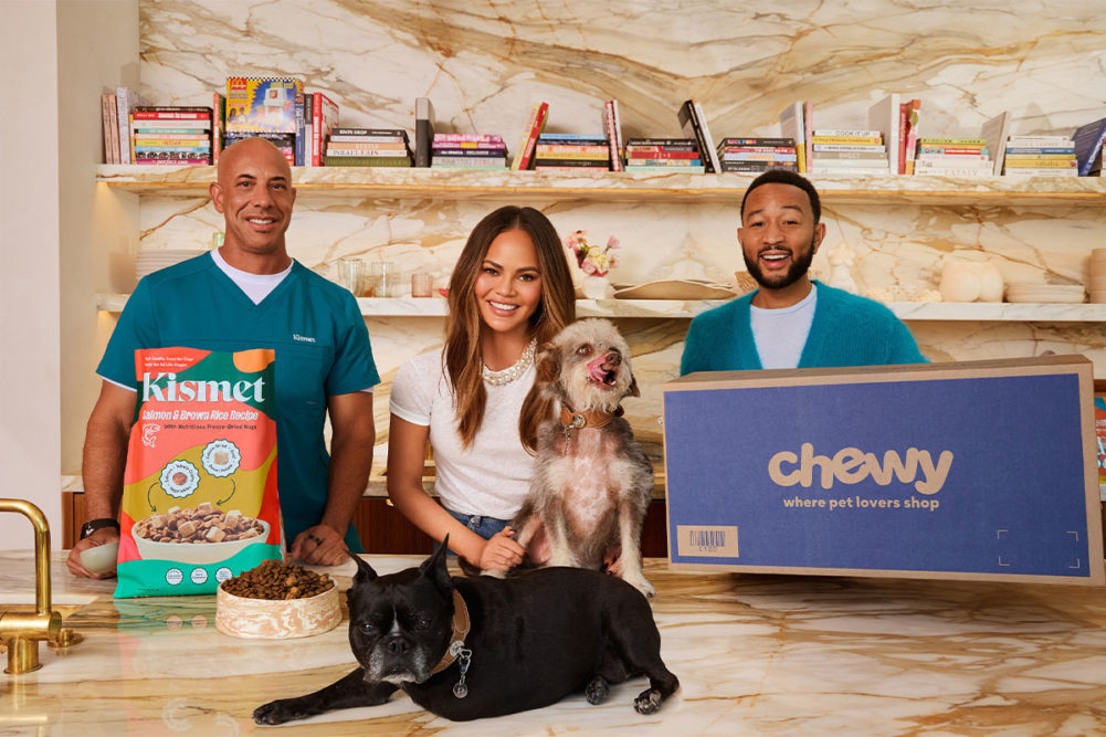 From left to right: Kwane Stewart, DVM, chief veterinary officer of Kismet, with Kismet Co-Founders Chrissy Teigen and John Legend