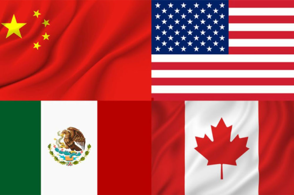 Flags from China, US, Canada and Mexico