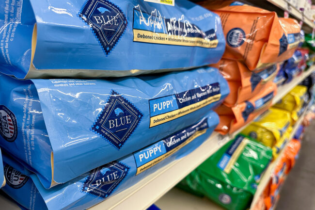 Bags of Blue Buffalo pet food