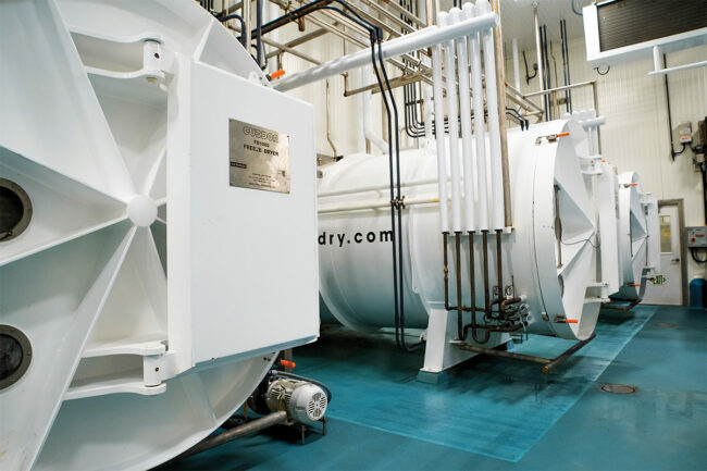 Freeze-drying systems are available in a variety of capacities. The larger systems can process up to 5,000 lbs of pre-freeze-dried product per cycle.