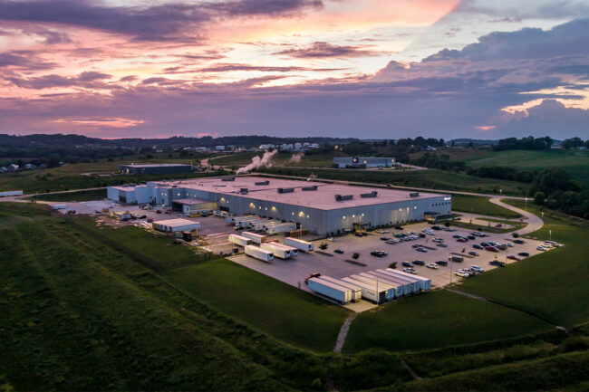 Simmons Pet Food's new Dubuque cannery at sunset