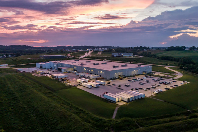 Simmons Pet Food's new Dubuque cannery at sunset