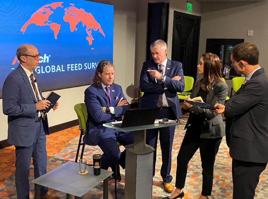 Four panelists and Alltech CEO Dr. Lyons gather before live presentation of 2020 Global Feed Survey data