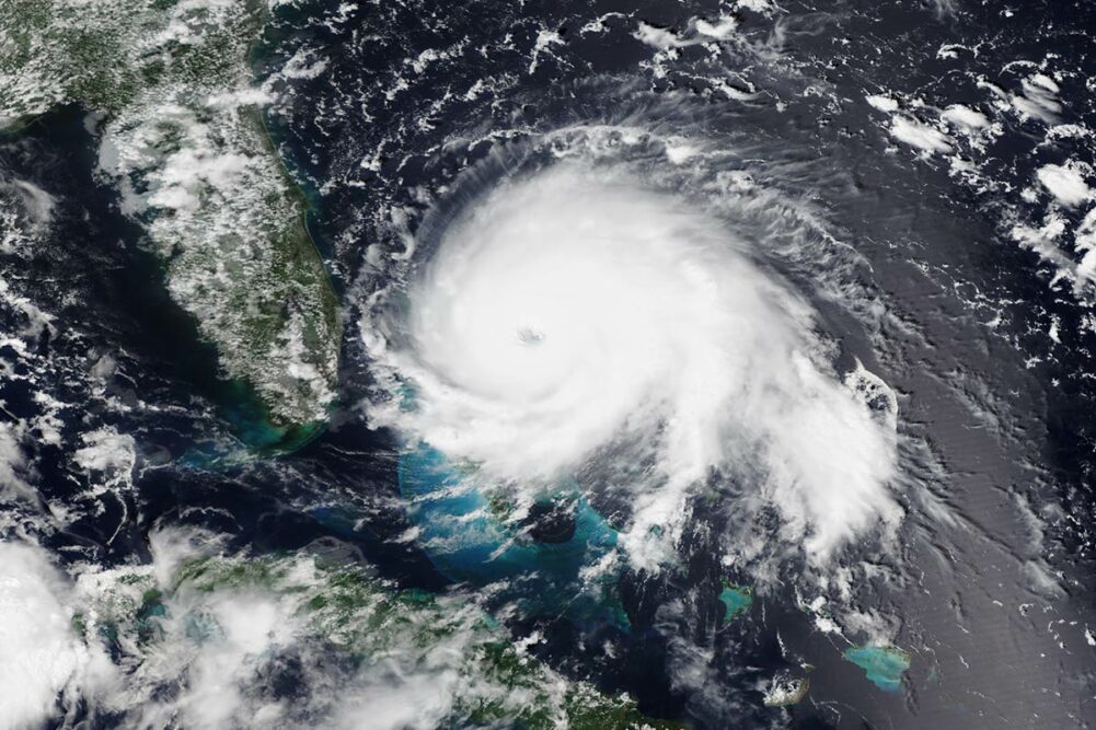 Aerial view of Hurricane Dorian as it passes over the Bahamas.